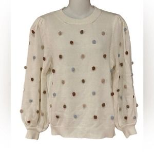 Storia Womens Large Ivory Crewneck Sweater With small Pom Pom Trim